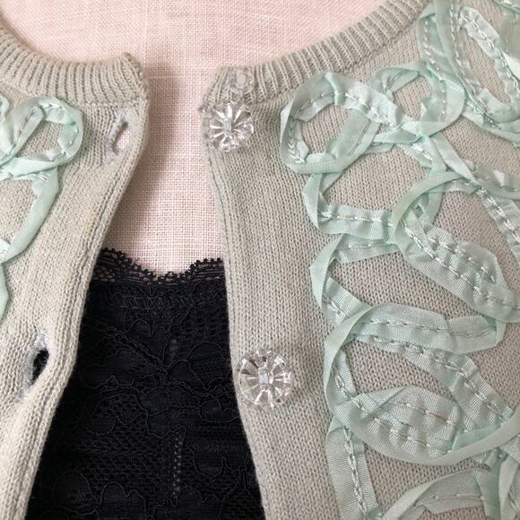 Anthropologie HWR Mint Green Ribbon Cardigan - Picture 3 of 7